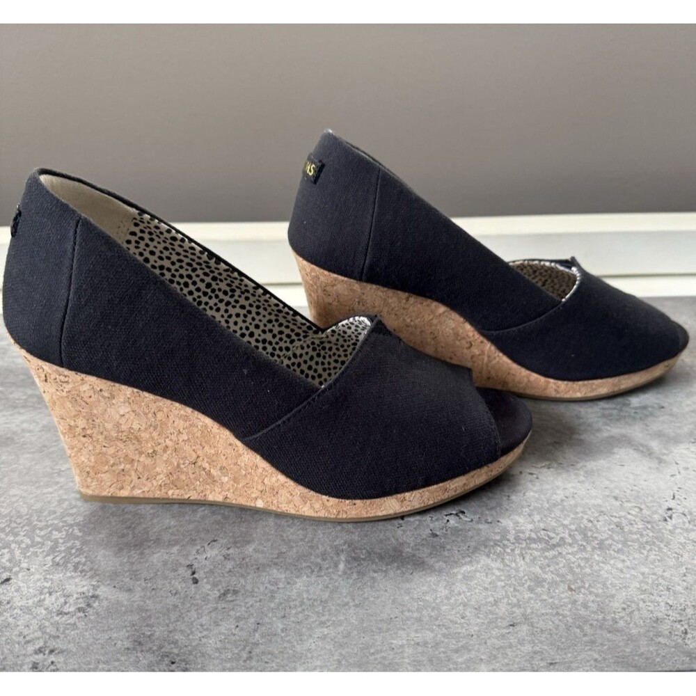TOMS Women Black Cotton Peep-Toe Platform Cork Wedge  Heel US 8 M - Picture 7 of 11